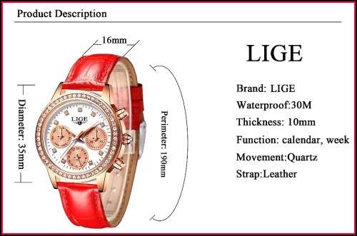 Lige 9812 - Ladies Lovely  Watch * 6 HANDS* Box,Book, & Papers ** White Dial/Red Strap