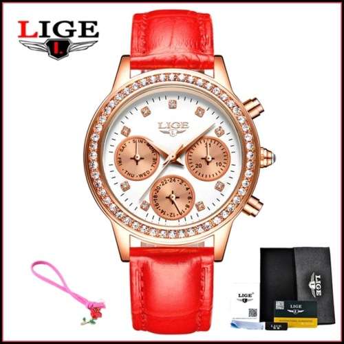 Lige 9812 - Ladies Lovely  Watch * 6 HANDS* Box,Book, & Papers ** White Dial/Red Strap