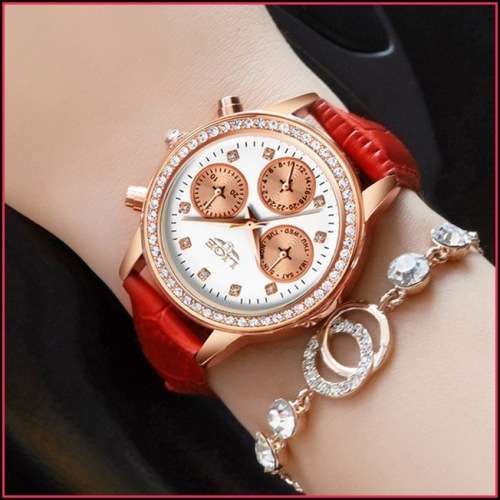Lige 9812 - Ladies Lovely  Watch * 6 HANDS* Box,Book, & Papers ** White Dial/Red Strap