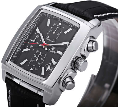 * Megir Brand Top Watch(2028)* Genuine  Leather Men Quartz Wristwatch CHRONOGRAPH*6 Hands*