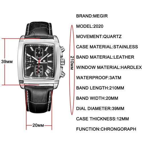 * Megir Brand Top Watch(2028)* Genuine  Leather Men Quartz Wristwatch CHRONOGRAPH*6 Hands*