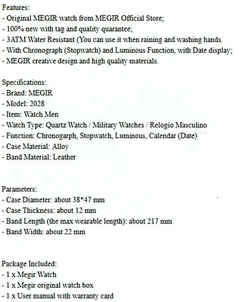 * Megir Brand Top Watch(2028)* Genuine  Leather Men Quartz Wristwatch CHRONOGRAPH*6 Hands*