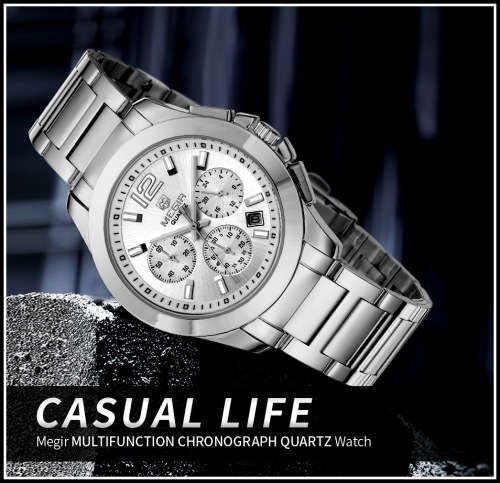 Megir 5006L  -Quality Ladies Solid Sturdy Chronograph Watch * Silver~ 6 Hands