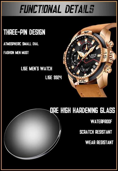 *CLASSIC- LIGE 9924*DEEP DISH*Matt Black Leather Strap *6 Hands*