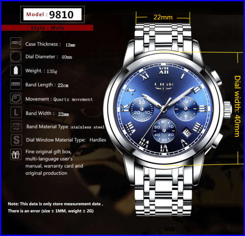 ** CLASSIC -  Relogio Masculion LIGE 9810 Top Luxury FULL Steel *6 Hands* Chronograph Watch Men