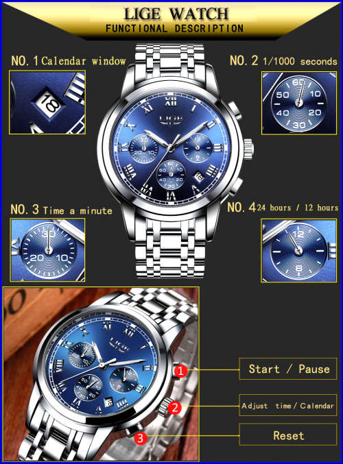 ** CLASSIC -  Relogio Masculion LIGE 9810 Top Luxury FULL Steel *6 Hands* Chronograph Watch Men