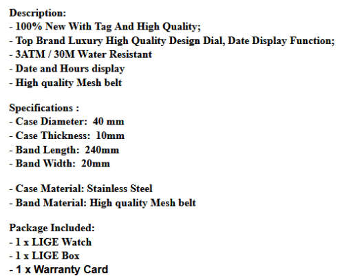 **$51 -= CLASSIC ~ Modern Trendy * BIG DIAL* LIGE 9903- All Steel *BOX,BOOK & PAPERS