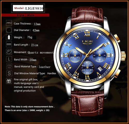 * FULL HOUSE*  LIGE 9810* Top Luxury * Leather Band *6 Hands* Chronograph Watch Men