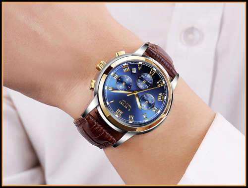 * FULL HOUSE*  LIGE 9810* Top Luxury * Leather Band *6 Hands* Chronograph Watch Men