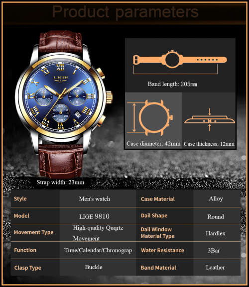 * FULL HOUSE*  LIGE 9810* Top Luxury * Leather Band *6 Hands* Chronograph Watch Men