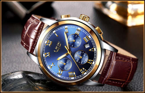 * FULL HOUSE*  LIGE 9810* Top Luxury * Leather Band *6 Hands* Chronograph Watch Men
