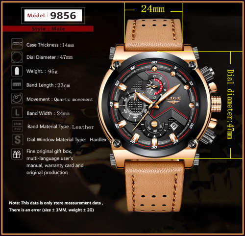 ** CLASSIC -  Relogio Masculion* DEEP DISH* LIGE 9856  Top Luxury *6 Hands* Chronograph Watch Men*