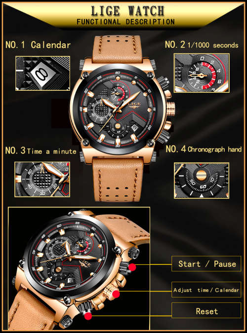 ** CLASSIC -  Relogio Masculion* DEEP DISH* LIGE 9856  Top Luxury *6 Hands* Chronograph Watch Men*