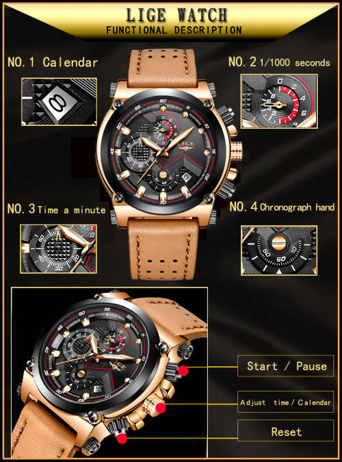 ** CLASSIC -  Relogio Masculion* DEEP DISH* LIGE 9856  Top Luxury *6 Hands* Chronograph Watch Men*