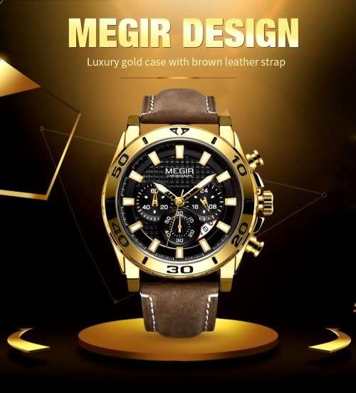 *** Megir (2094G)  Brand** Top Watch* New Style  Big Luxury Men Quartz Watch CHRONOGRAPH * 6 HANDS *
