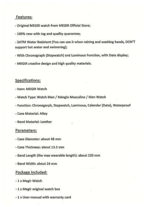 *** Megir (2094G)  Brand** Top Watch* New Style  Big Luxury Men Quartz Watch CHRONOGRAPH * 6 HANDS *