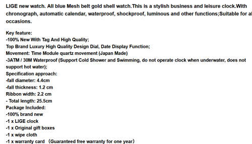 ** -SPORT*  Relogio Masculion*BLUE* LIGE 9929-*Top Luxury  Steel *6 Hands* Chronograph Watch Men