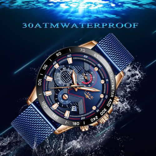 ** -SPORT*  Relogio Masculion*BLUE* LIGE 9929-*Top Luxury  Steel *6 Hands* Chronograph Watch Men