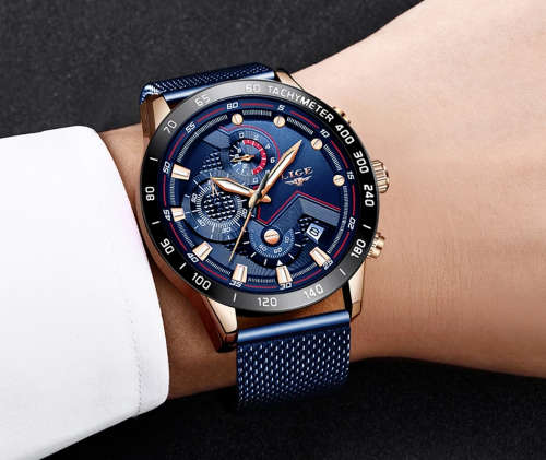 ** -SPORT*  Relogio Masculion*BLUE* LIGE 9929-*Top Luxury  Steel *6 Hands* Chronograph Watch Men