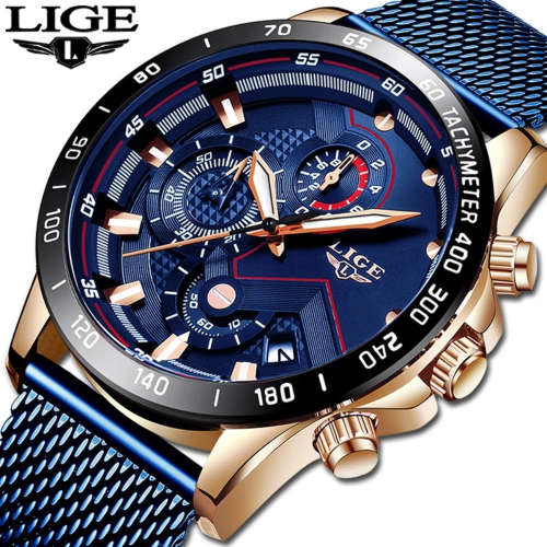** -SPORT*  Relogio Masculion*BLUE* LIGE 9929-*Top Luxury  Steel *6 Hands* Chronograph Watch Men