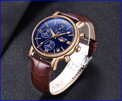 ** CLASSIC -  Relogio Masculion LIGE 9958-*Top Luxury Leather Band *6 Hands-* Chronograph Watch*