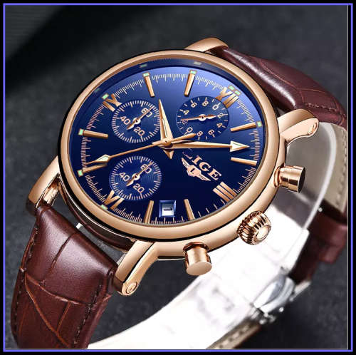 ** CLASSIC -  Relogio Masculion LIGE 9958-*Top Luxury Leather Band *6 Hands-* Chronograph Watch*
