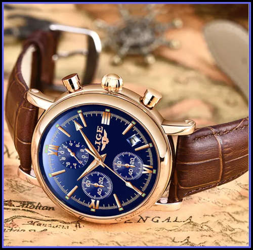 ** CLASSIC -  Relogio Masculion LIGE 9958-*Top Luxury Leather Band *6 Hands-* Chronograph Watch*
