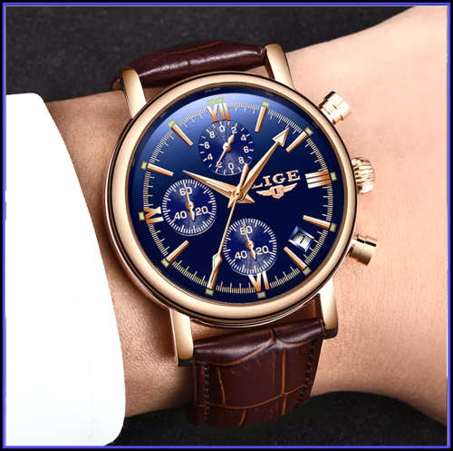 ** CLASSIC -  Relogio Masculion LIGE 9958-*Top Luxury Leather Band *6 Hands-* Chronograph Watch*