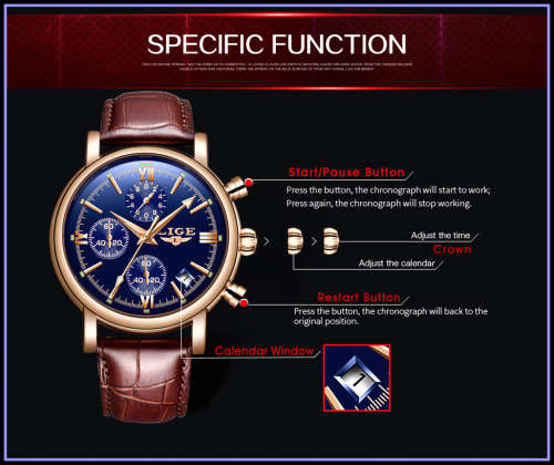 ** CLASSIC -  Relogio Masculion LIGE 9958-*Top Luxury Leather Band *6 Hands-* Chronograph Watch*