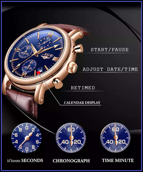 ** CLASSIC -  Relogio Masculion LIGE 9958-*Top Luxury Leather Band *6 Hands-* Chronograph Watch*