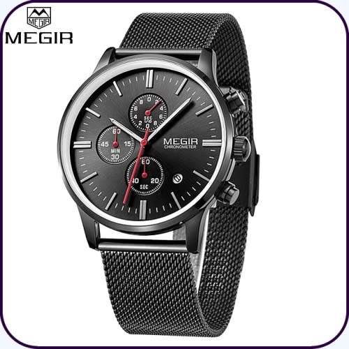 *FREE SHIPPING *  Megir 2011 - Chronograph Watch * 6 HANDS* Black SS  Strap*