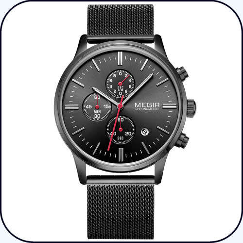 *FREE SHIPPING *  Megir 2011 - Chronograph Watch * 6 HANDS* Black SS  Strap*