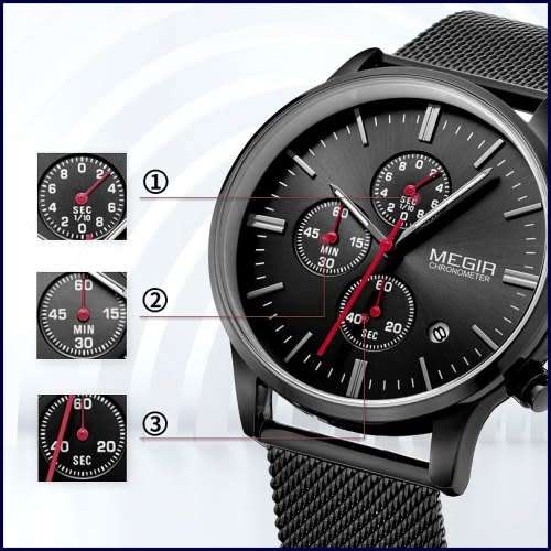 *FREE SHIPPING *  Megir 2011 - Chronograph Watch * 6 HANDS* Black SS  Strap*