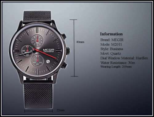 *FREE SHIPPING *  Megir 2011 - Chronograph Watch * 6 HANDS* Black SS  Strap*
