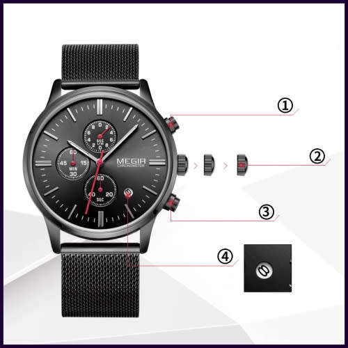 *FREE SHIPPING *  Megir 2011 - Chronograph Watch * 6 HANDS* Black SS  Strap*