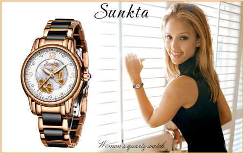 * Magnifisant* Sunkta * Lady Georgeos Steel Ceramic Band Bracelet Luxury Watch*BLACK