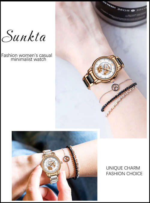 * Magnifisant* Sunkta * Lady Georgeos Steel Ceramic Band Bracelet Luxury Watch*BLACK