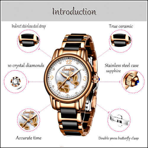 * Magnifisant* Sunkta * Lady Georgeos Steel Ceramic Band Bracelet Luxury Watch*BLACK