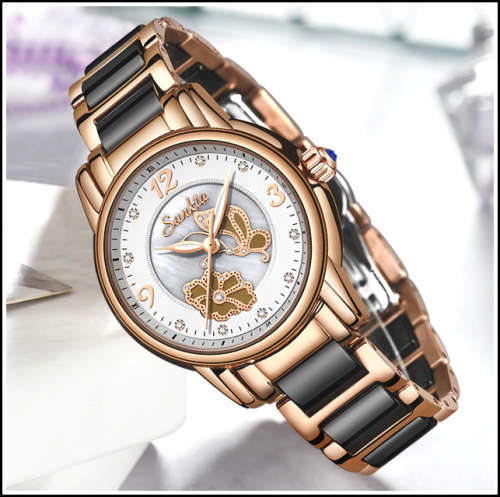 * Magnifisant* Sunkta * Lady Georgeos Steel Ceramic Band Bracelet Luxury Watch*BLACK