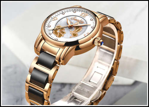 * Magnifisant* Sunkta * Lady Georgeos Steel Ceramic Band Bracelet Luxury Watch*BLACK