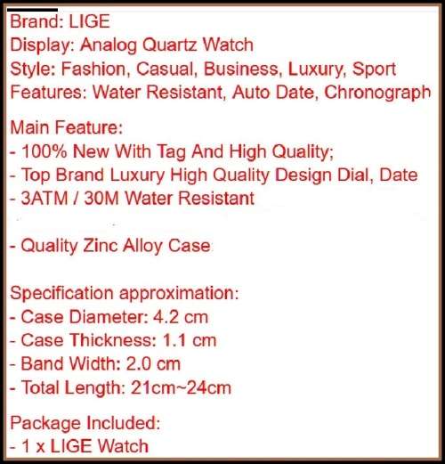 ** CLASSIC -  Relogio Masculion LIGE 9839-*Top Luxury Leather Band *6 Hands-* Chronograph Watch