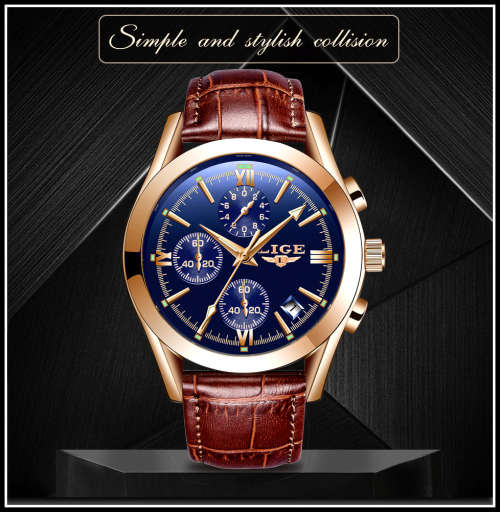 ** CLASSIC -  Relogio Masculion LIGE 9839-*Top Luxury Leather Band *6 Hands-* Chronograph Watch