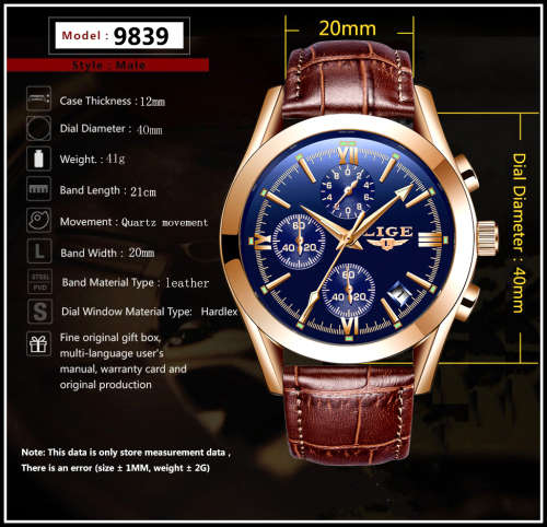 ** CLASSIC -  Relogio Masculion LIGE 9839-*Top Luxury Leather Band *6 Hands-* Chronograph Watch