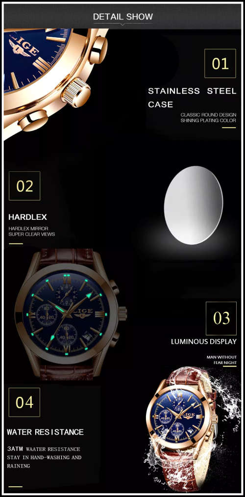 ** CLASSIC -  Relogio Masculion LIGE 9839-*Top Luxury Leather Band *6 Hands-* Chronograph Watch