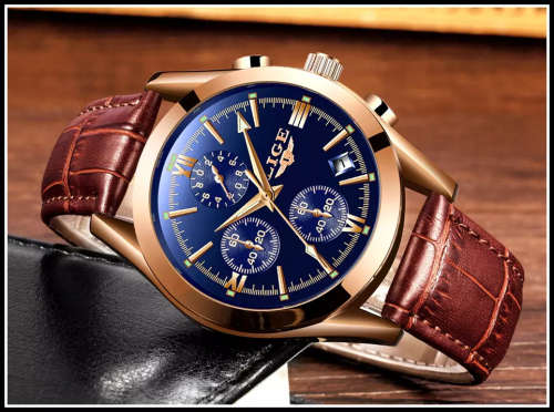 ** CLASSIC -  Relogio Masculion LIGE 9839-*Top Luxury Leather Band *6 Hands-* Chronograph Watch