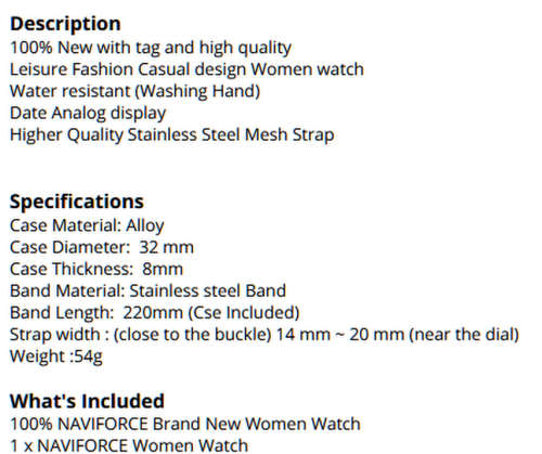 * Magnifisant* Naviforce* Lady Georgeos Steel  Bracelet Luxury Watch*