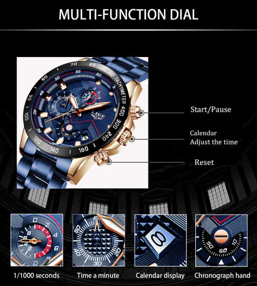 CLASSIC - Business Men LIGE 9982  Luxury * FULL* Steel *6 Hands* Chronograph Watch Men- FULL HOUSE*