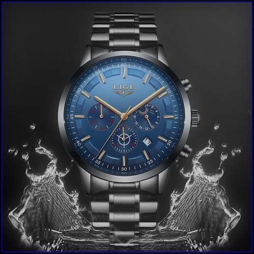 *Moon Phase* LIGE 9877-* All Steel *6 Hands*Subtle Blue Dial Chronograph Watch-FULL HOUSE~