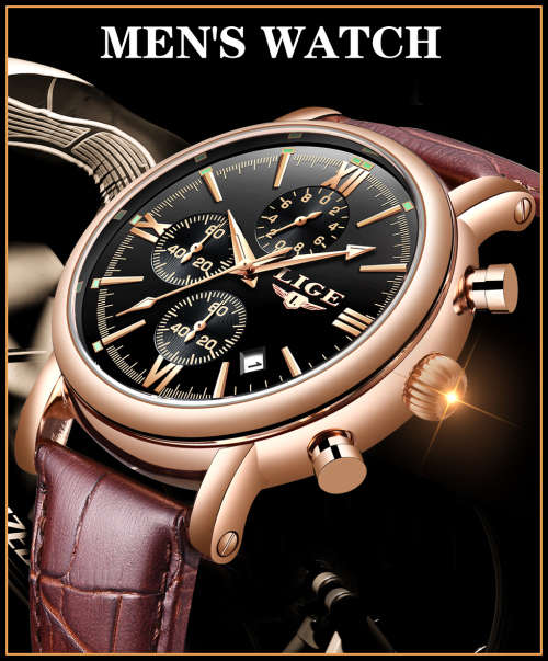 ** CLASSIC -  Relogio Masculion LIGE 9958-*Top Luxury Leather Band *6 Hands-* Chronograph Watch*