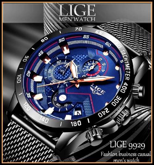 Relogio Masculion*BLUE DIAL ~ BLACK STRAP~ LIGE 9929-*  Steel *6 Hands* Chronograph Watch Men
